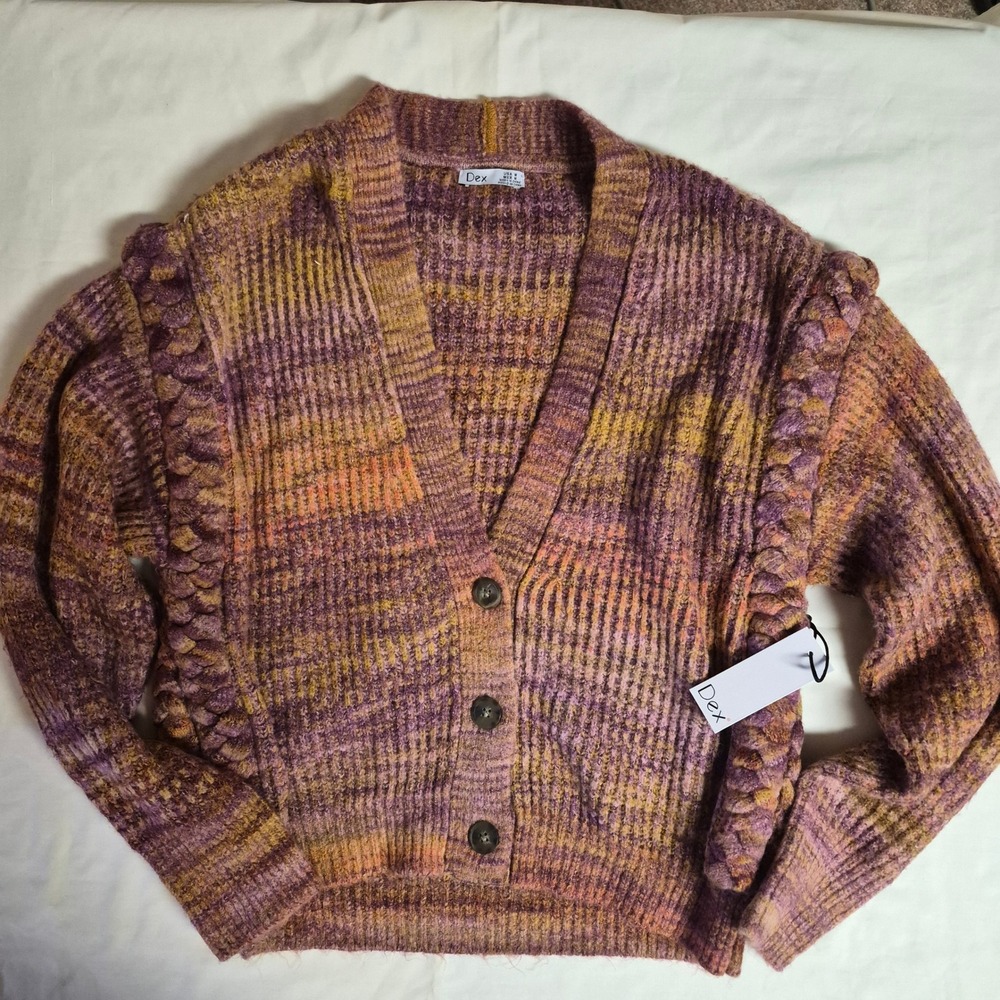 Dex Womens Space Dye Braided Sleeve Cardigan Sweater Purple Mustard‎ Size M NWT